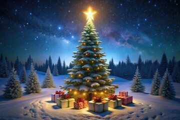 Beautiful Christmas Tree Surrounded by Gift Boxes on Snowy Night with Shiny Star and Forest Landscape