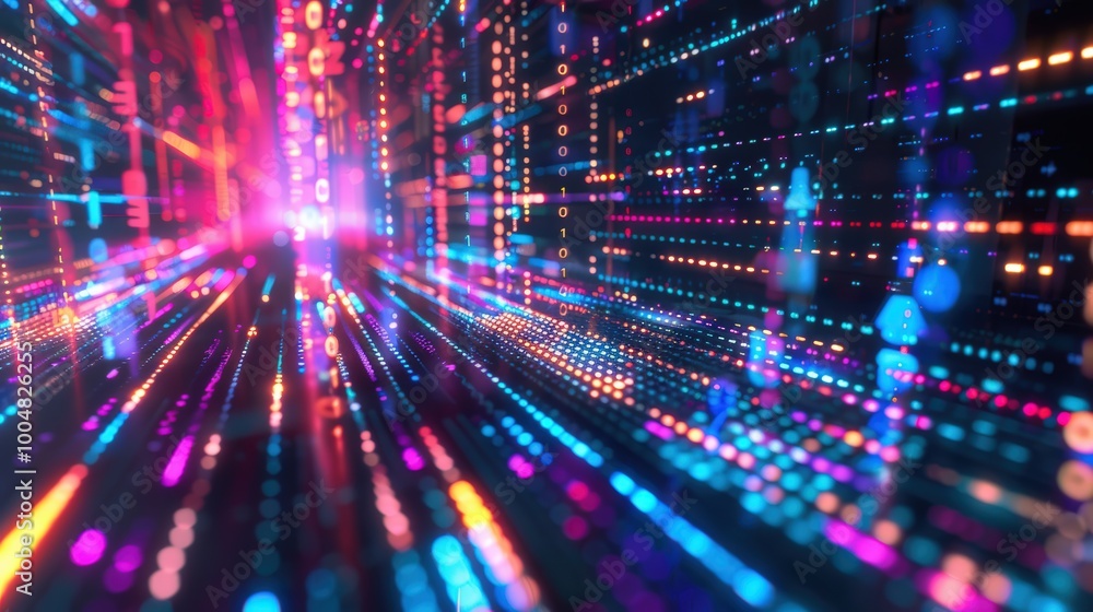 Poster laptop with digital data flow in neon colour from the screen against dark background