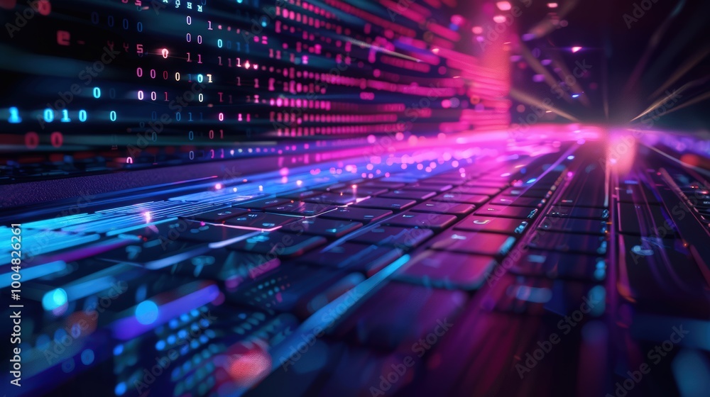 Poster laptop with digital data flow in neon colour from the screen against dark background