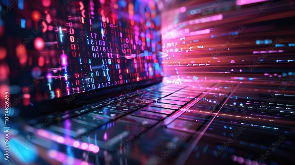Poster laptop with digital data flow in neon colour from the screen against dark background