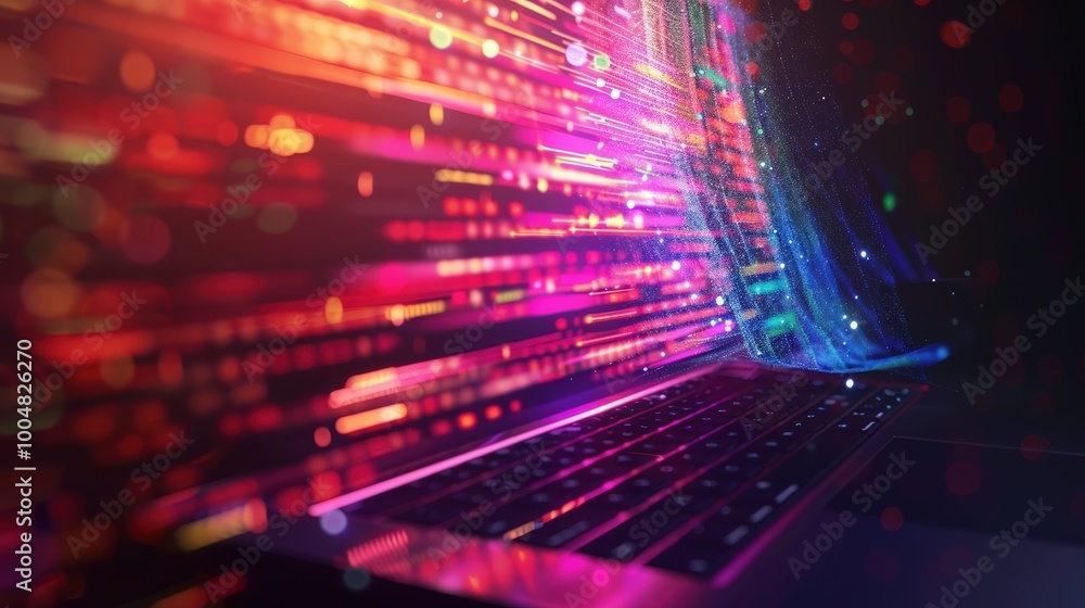 Poster laptop with digital data flow in neon colour from the screen against dark background