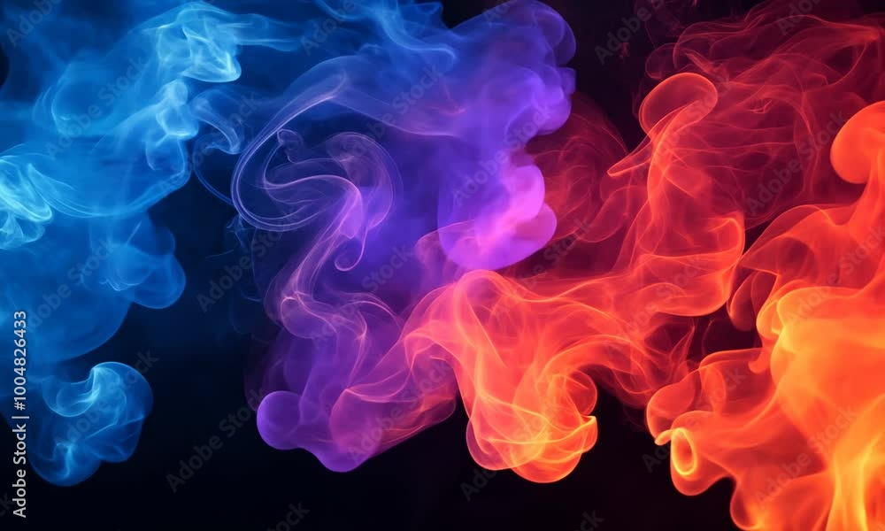 Poster this image shows an intense and dynamic interaction of red and blue abstract smoke with hints of fir