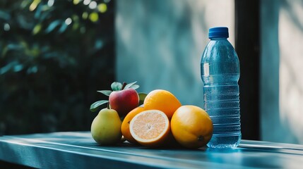 A bottle of water and fresh fruit on a table outdoors.
