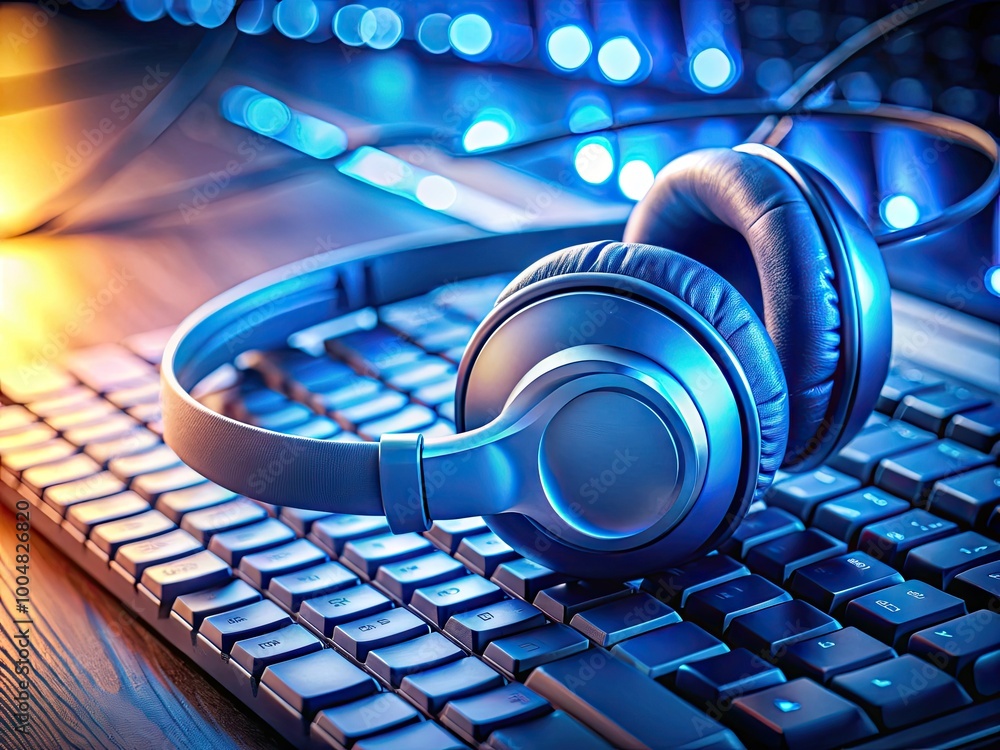 Poster blue headset resting on a computer keyboard with soft lighting and modern technology aesthetic