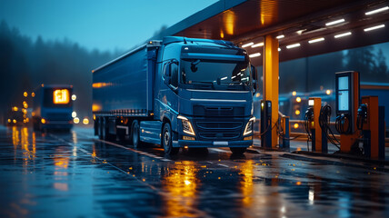 Fototapeta premium Electric truck recharges at a biogas station under a rainy evening sky, showcasing sustainable transport innovation