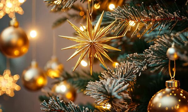 Golden starburst ornaments catching the light on a beautifully decorated Christmas tree, each starburst radiating with warmth and elegance. . Video