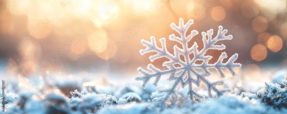 Poster frosted snowflake on snow with bokeh lights