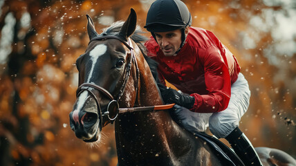Obraz premium Focused jockey expertly guides a powerful horse during an exhilarating race in the vibrant autumn landscape