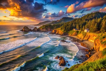 Naklejka premium Breathtaking Coastal Views of Yachats with Dramatic Cliffs and Serene Ocean Waves at Sunset