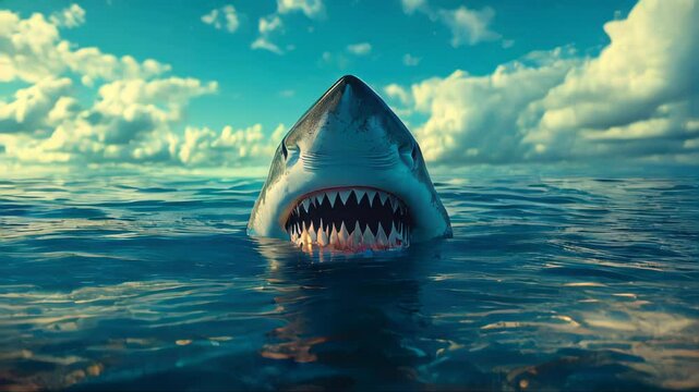 A fearsome great white shark emerges from the ocean, with sharp teeth and intense eyes against a dramatic sunset sky, symbolizing danger, strength, and the raw power of nature