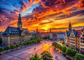 Naklejka premium Breathtaking sunset over Augustusplatz in Leipzig showcasing vibrant colors and architectural beauty