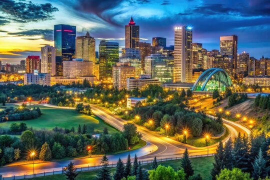 Breathtaking Sunset Over Downtown Edmonton from Gallagher Park Showcasing Vibrant City Lights