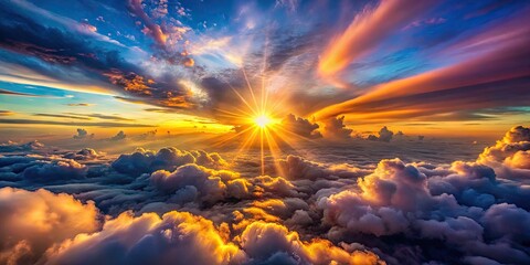 Fototapeta premium Breathtaking Sunset Sky with Colorful Clouds and Radiant Sunrays Illuminating the Evening Atmosphere