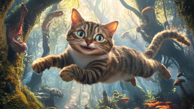 A tabby cat with large, wide, green eyes glides through a misty, magical forest. It seems to be suspended in mid-air, with its paws outstretched and a large grin on its face
