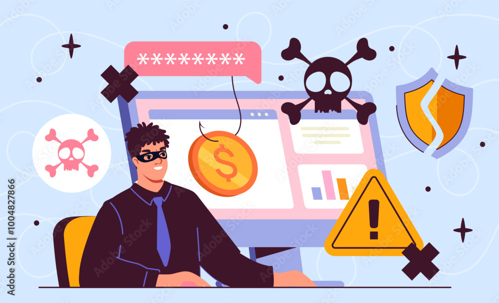 Poster hacker with digital virus. man in mask near computer. malware and antivirus. hackers attack personal