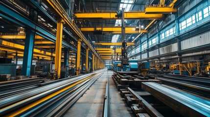 Fototapeta premium Interior view of a large industrial workshop showcasing cranes and steel materials during the day