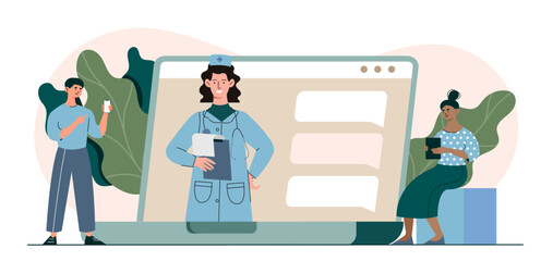 People with doctor consultation. Man and woman communicate with doctor on Internet. Healthcare and medicine. Diagnosis and treatment. Flat vector illustration isolated on white background