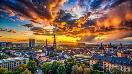 Obraz premium Captivating Skyline Silhouette of Mannheim at Dusk with Vibrant Colors and Dramatic Cloud Formation
