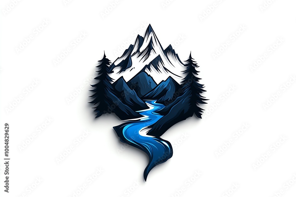 Poster abstract mountain stream icon, showing flowing water and jagged mountain cliffs in a clean, minimali