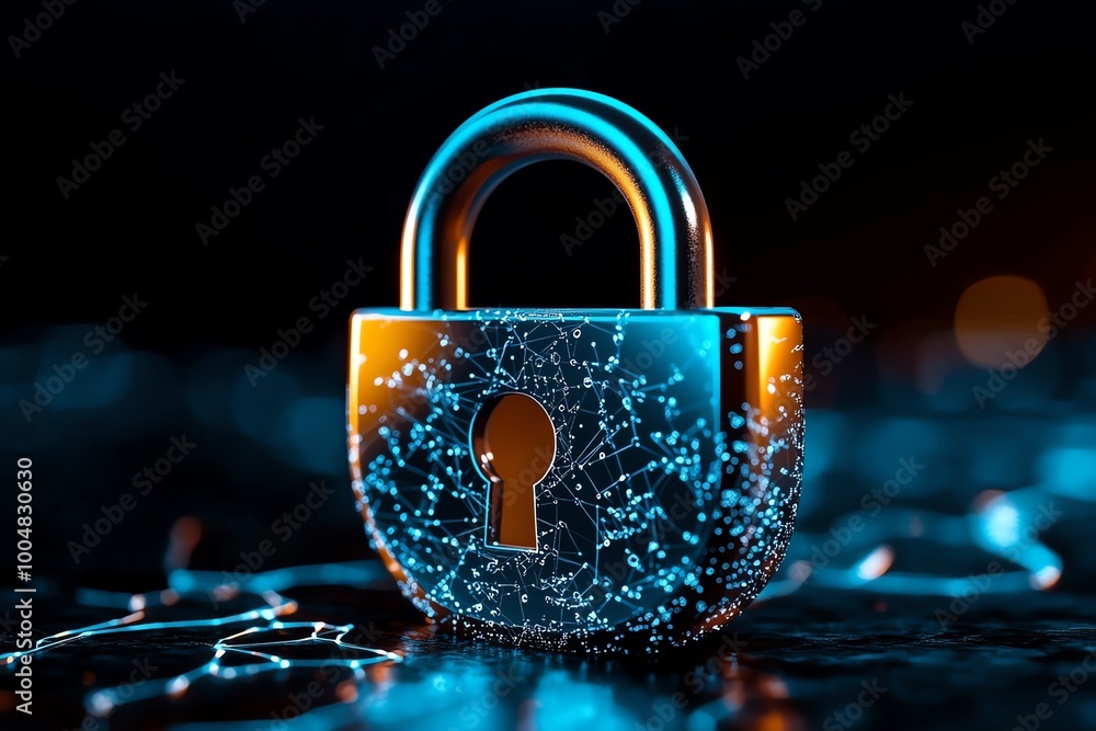 Poster Abstract padlock and data stream design, representing secure, anonymous communication through minimalistic shapes