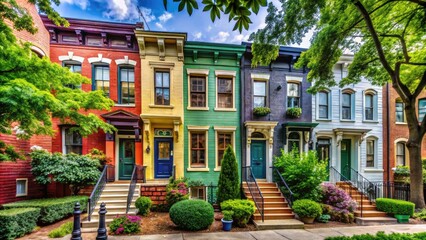 Fototapeta premium Charming Rowhouse with Colorful Facade and Lush Greenery in an Urban Neighborhood Setting