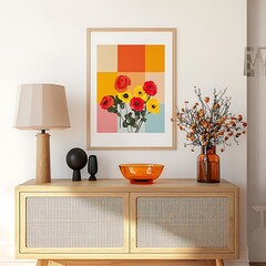  Fresh blooms in bright orange and yellow sit atop a wooden sideboard, framed by geometric decor and a retro glass dish, creating a cheerful modern space. Mock up. 