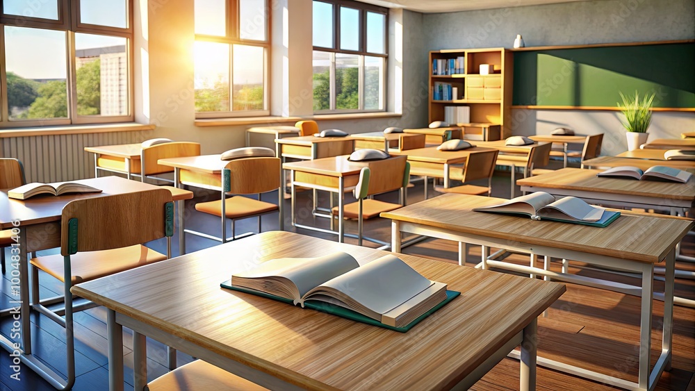 Poster classroom setup with empty desks, open books, and teaching materials ready for a lesson to begin