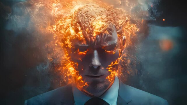 A man in a business suit with his head exploding into flames, symbolizing stress or burnout, set against a smoky background