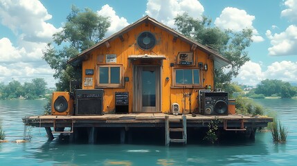 Fototapeta premium Yellow house on stilts over water, summer day, cartoon illustration