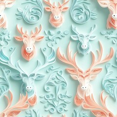 seamless pattern of 3D deer head animal ,  paper quill pattern.	
