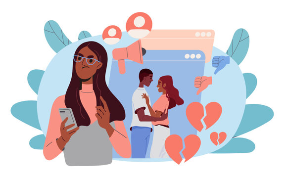 Jealous ex girlfriend. Woman looks angrily at photo of young guy and girl. Depression and frustration. Negative feelings and emotions. Flat vector illustration isolated on white background