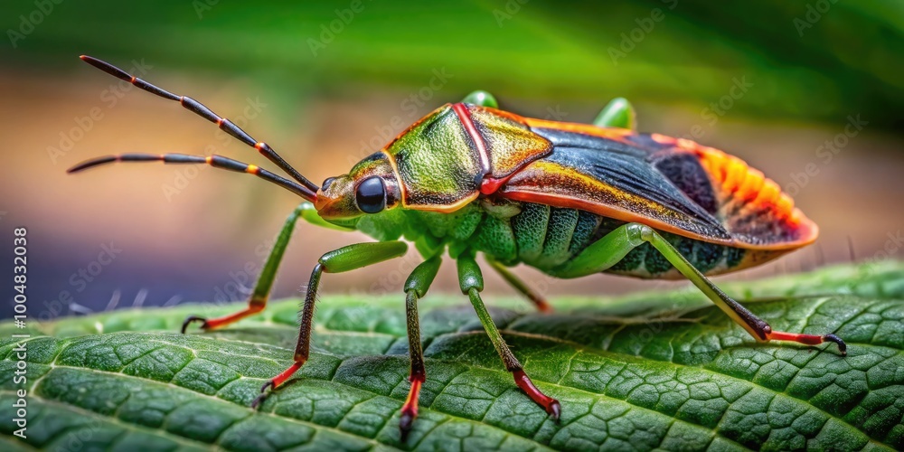 Aufkleber close-up of a chinch bug resting on a green leaf showcasing its unique features and coloration