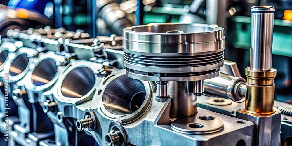 Poster close-up of an engine piston and cylinder assembly in a mechanical engineering setting