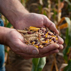 Diversidad de granos y semillas en las manos de un agricultor