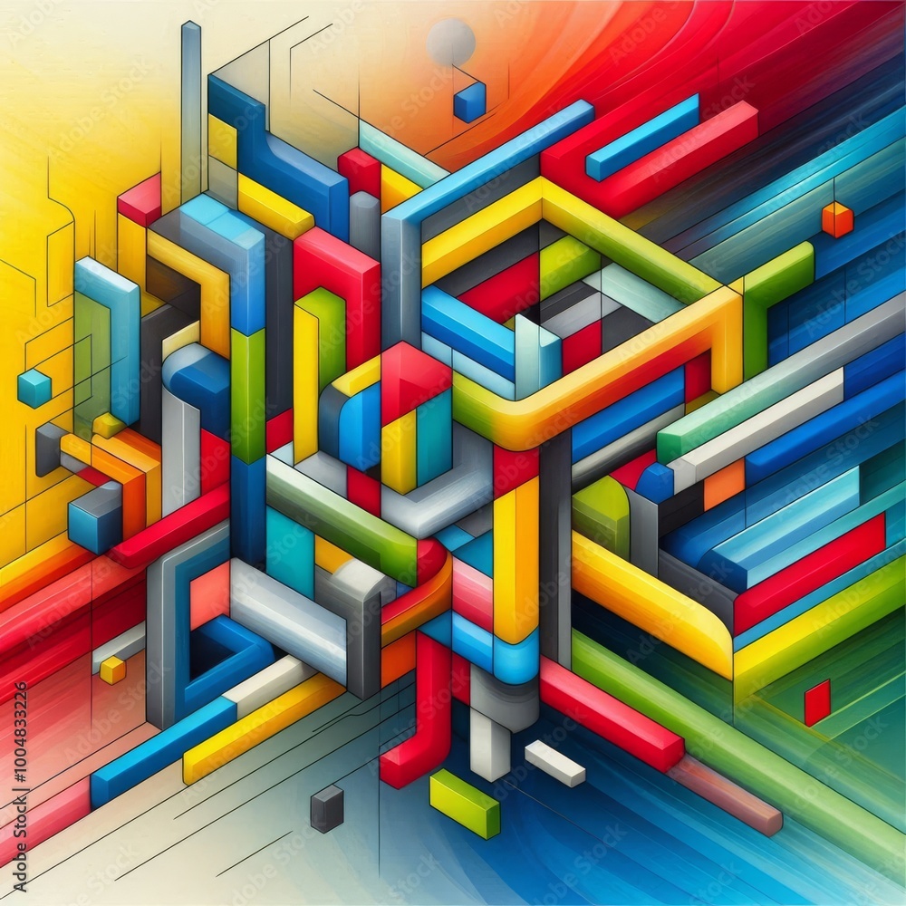 Poster a dynamic abstract illustration featuring a complex arrangement of interlocking 3d geometric shapes 