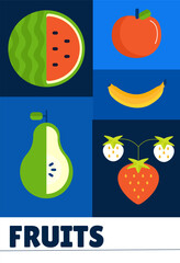 Poster with food. Watermelon, pear, banana and apple. Natural and fresh fruits with vitamins. Flyer, brochure and leaflet. Vegetarian diet and nutrition. Flat vector illustration