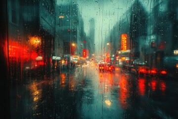 blurred city skyline reflected on a rainy window creating an ethereal atmosphere with softly diffused lights and abstract shapes highlighting the mood of solitude and reflection
