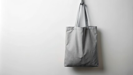 Closeup of Gray Cotton Textile Bag Hanging Against White Background for Mockup and Presentation Use