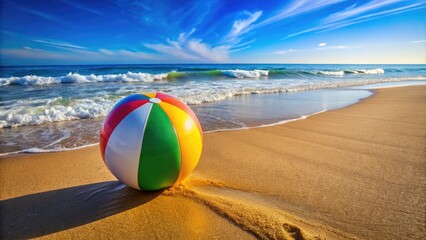 Obraz premium Colorful beach ball resting on sandy shore with vibrant ocean waves in the background on sunny day