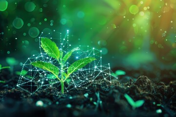 Young green plants with digital network overlay ecological advancement and environmental