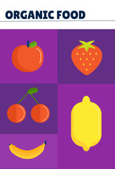 Poster with food. Apple, banana, lemon, cherry and strawberry. Natural and fresh berries and fruits with vitamins. Flyer, brochure and leaflet. Vegetarian diet and nutrition. Flat vector illustration
