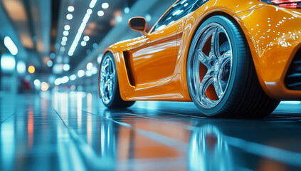 An orange sports car showcasing polished chrome and sleek tires at an auto show shows off its intricate wheel design.

