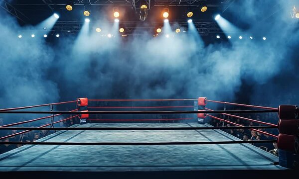 A grand view of an empty boxing ring under dramatic lighting, surrounded by a crowd of spectators, indicating anticipation, excitement Video