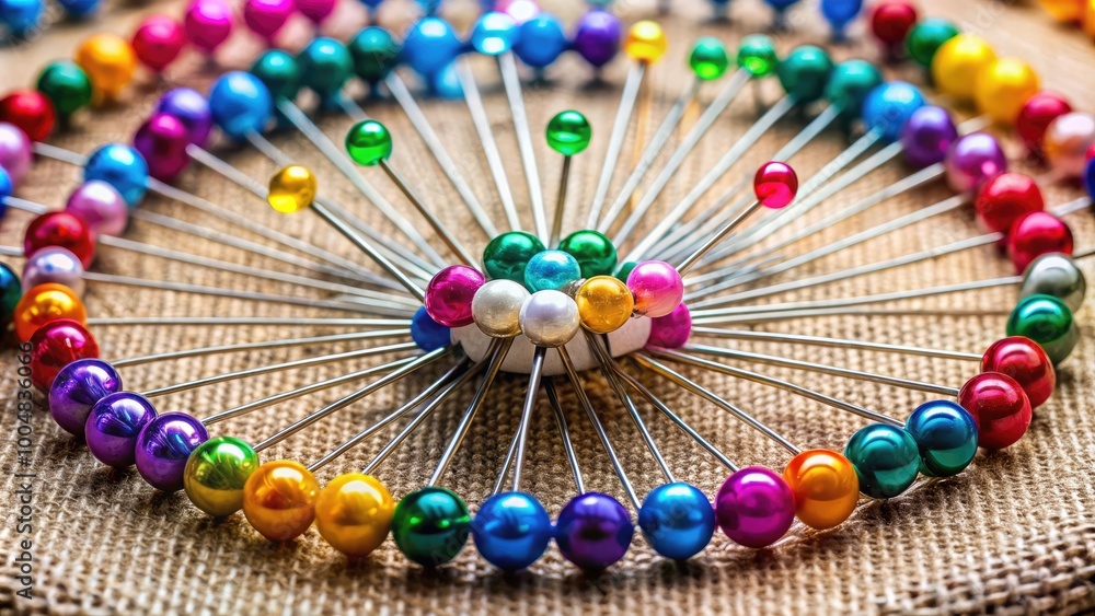 Poster Colorful collection of assorted sewing pins arranged in a circular pattern on a fabric surface