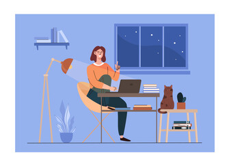 Freelance woman at workplace. Young girl works from home. Remote worker with online earnings. Freelancer at comfortable workplace. Flat vector illustration isolated on white background