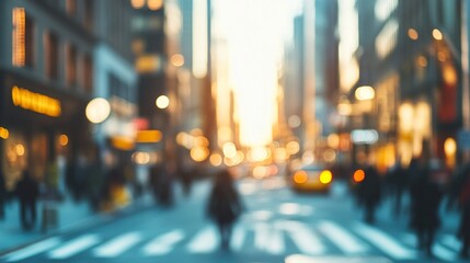 Blurred cityscape at dusk: bustling street with yellow taxis, glowing lights, and pedestrians...