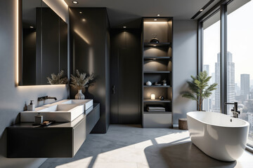 Fototapeta premium Sunlight streaming through a large window illuminating a luxurious bathroom