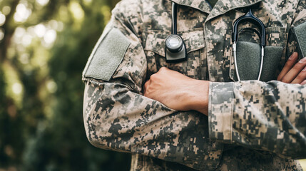 Military medic with stethoscope. Close-up. Copy space. 