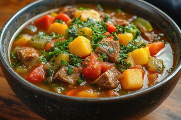 bowl of colorful vegetable soup featuring a mix of fresh ingredients and tender meat presented in an inviting manner that showcases healthy eating and warm comfort in a cozy kitchen setting