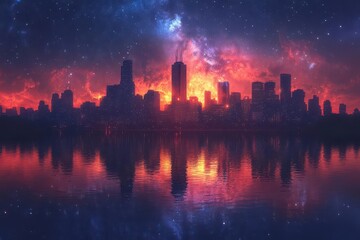 Fototapeta premium breathtaking double exposure landscape featuring a starry summer night sky over a tranquil lake with a silhouetted skyline creating a stunning blend of nature and urban life